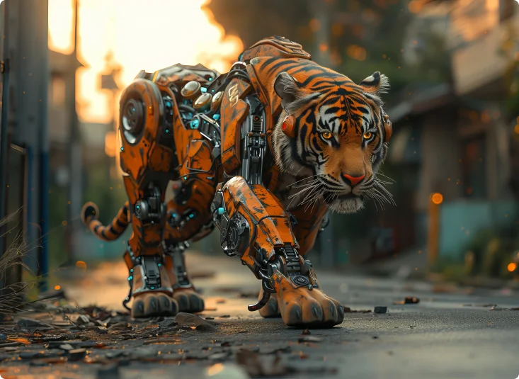 Cybernetic tiger with orange and metallic parts